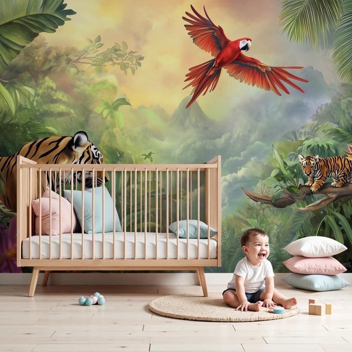 Papier peint chambre enfant | Jungle exotique avec tigres et perroquet flamboyant