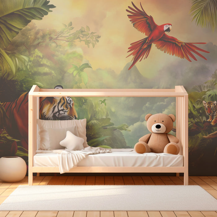 Papier peint chambre enfant | Jungle exotique avec tigres et perroquet flamboyant