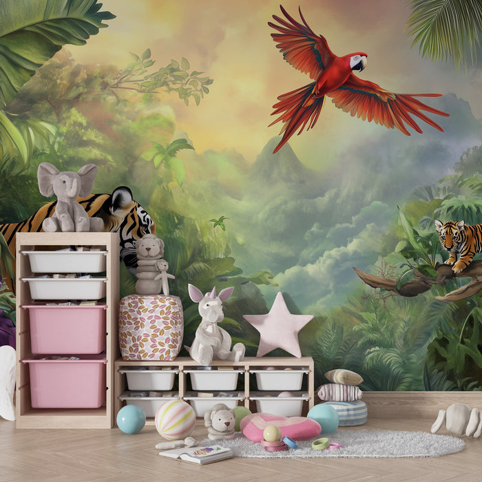 Papier peint chambre enfant | Jungle exotique avec tigres et perroquet flamboyant