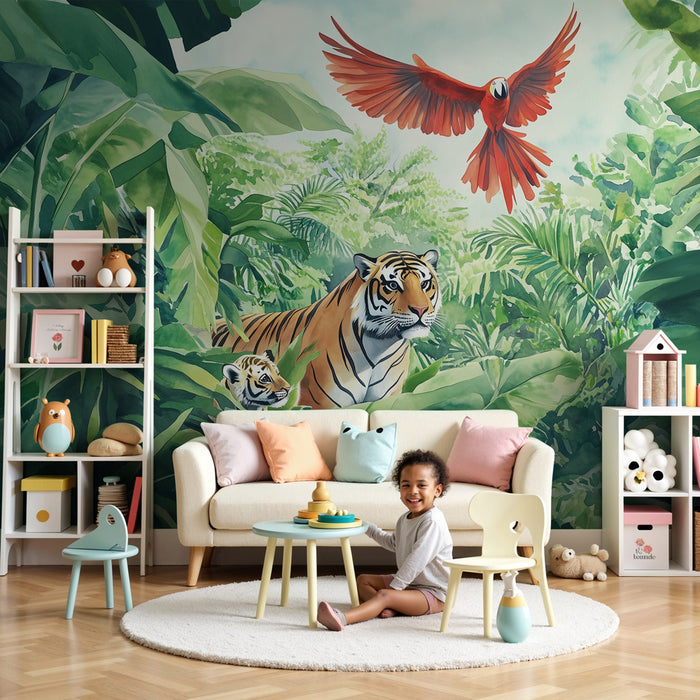 Papier peint chambre enfant | Jungle luxuriante avec tigres et perroquet rouge