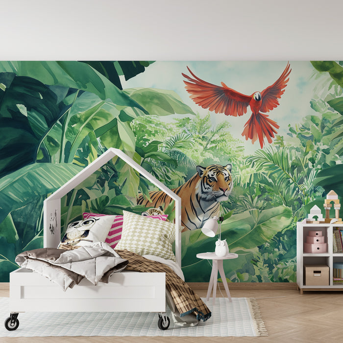 Papier peint chambre enfant | Jungle luxuriante avec tigres et perroquet rouge