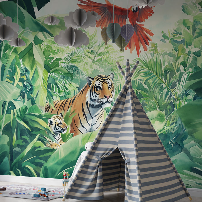 Papier peint chambre enfant | Jungle luxuriante avec tigres et perroquet rouge