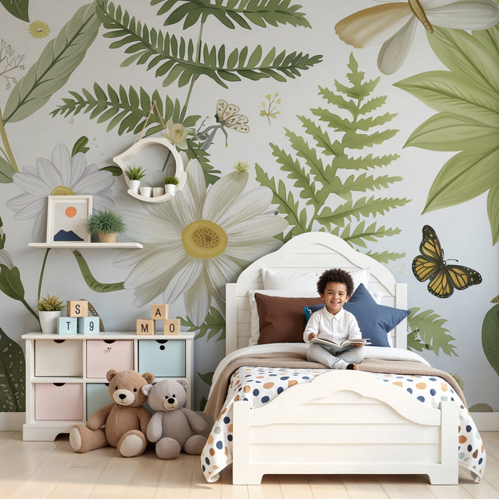 Papier peint chambre enfant | Jardin enchanté avec fleurs et papillons