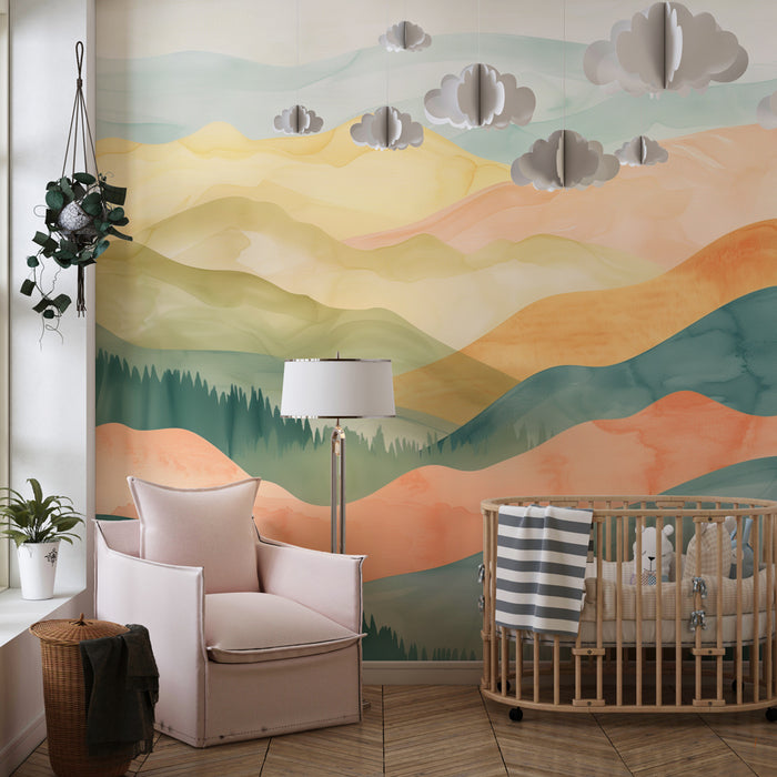 Papier peint chambre bébé | Paysage pastel de montagnes aquarelle