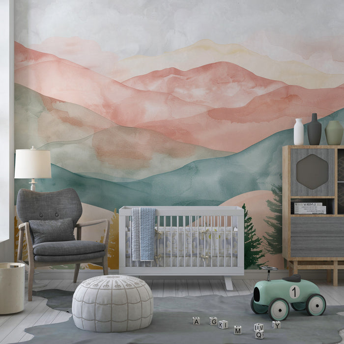 Papier peint chambre enfant | Montagnes pastel et forêts enchantées