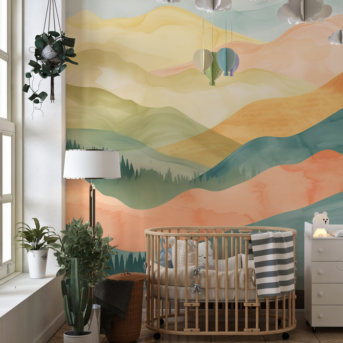 Papier peint chambre bébé | Paysage pastel de montagnes aquarelle
