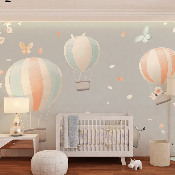 Papier peint chambre bébé | Montgolfières pastel et éléphant rêveur dans les nuages