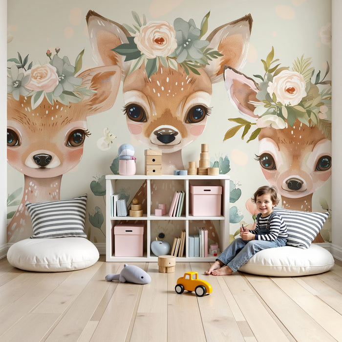 Papier peint chambre bébé | Faons fleuris et douceur pastel