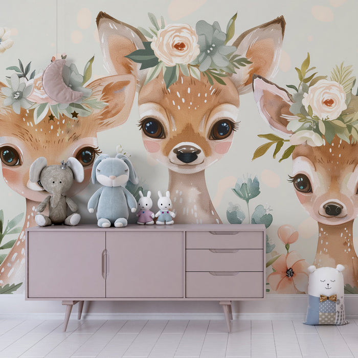 Papier peint chambre bébé | Faons fleuris et douceur pastel