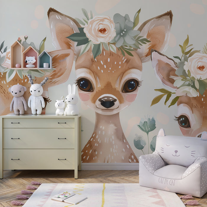Papier peint chambre bébé | Faons fleuris et douceur pastel