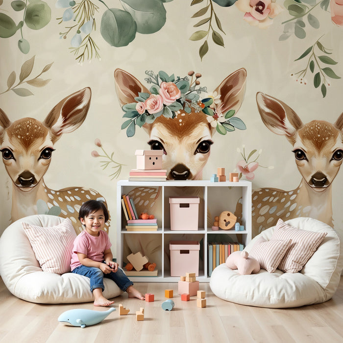 Papier peint chambre bébé | Trois faons avec courronne fleurie pastel