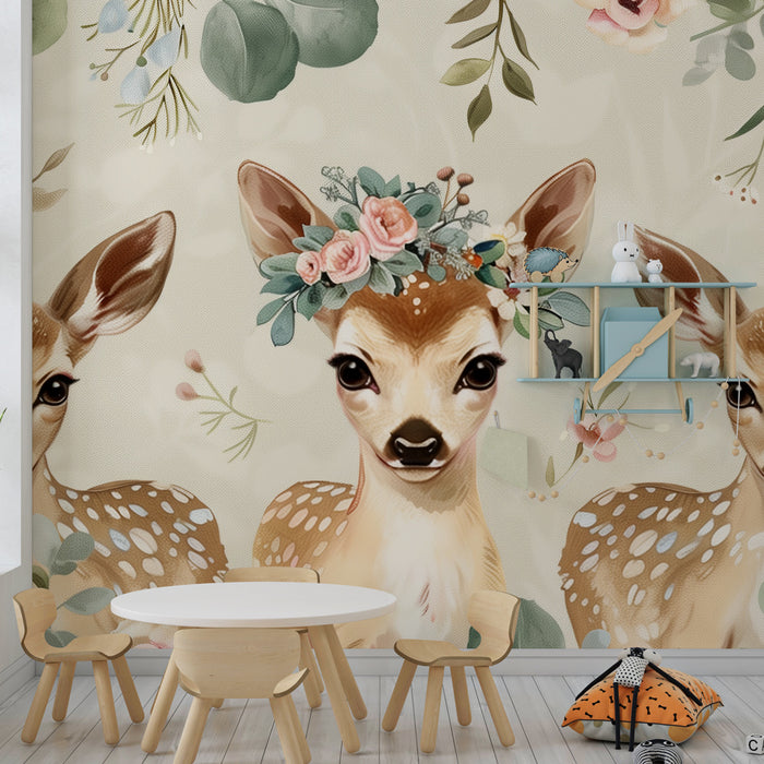 Papier peint chambre bébé | Trois faons avec courronne fleurie pastel