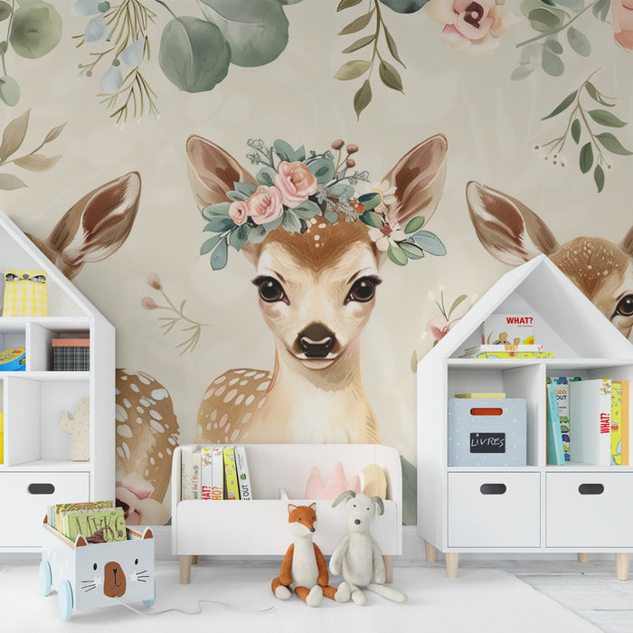 Papier peint chambre bébé | Trois faons avec courronne fleurie pastel