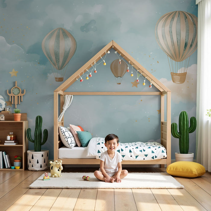 Papier peint chambre bébé | Montgolfières rêveuses et nuages étoilés