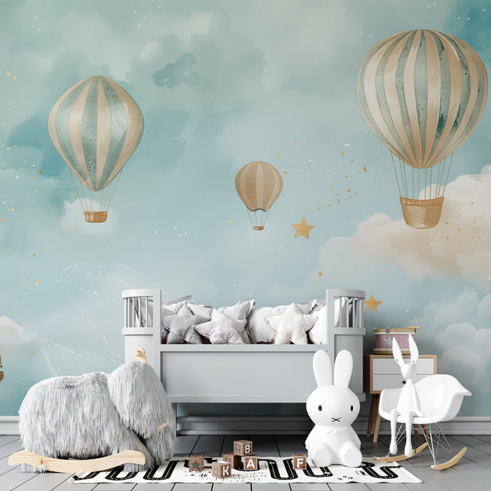 Papier peint chambre bébé | Montgolfières rêveuses et nuages étoilés