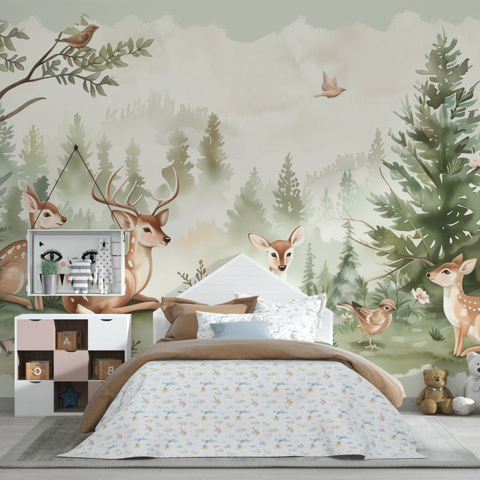 Papier peint chambre enfant | Forêt enchantée avec faons et fleurs délicates