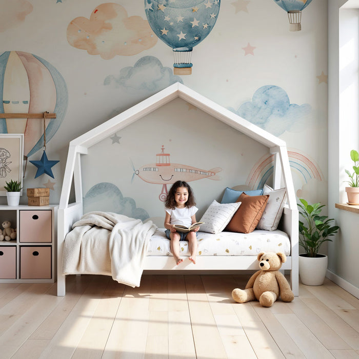 Papier peint chambre bébé | Montgolfières et nuages pastel rêveurs