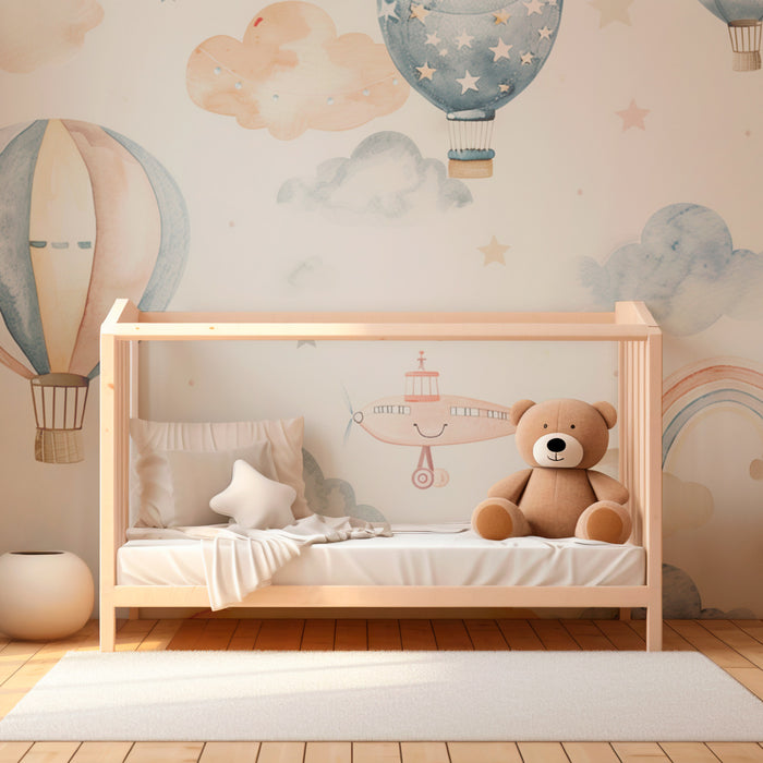 Papier peint chambre bébé | Montgolfières et nuages pastel rêveurs