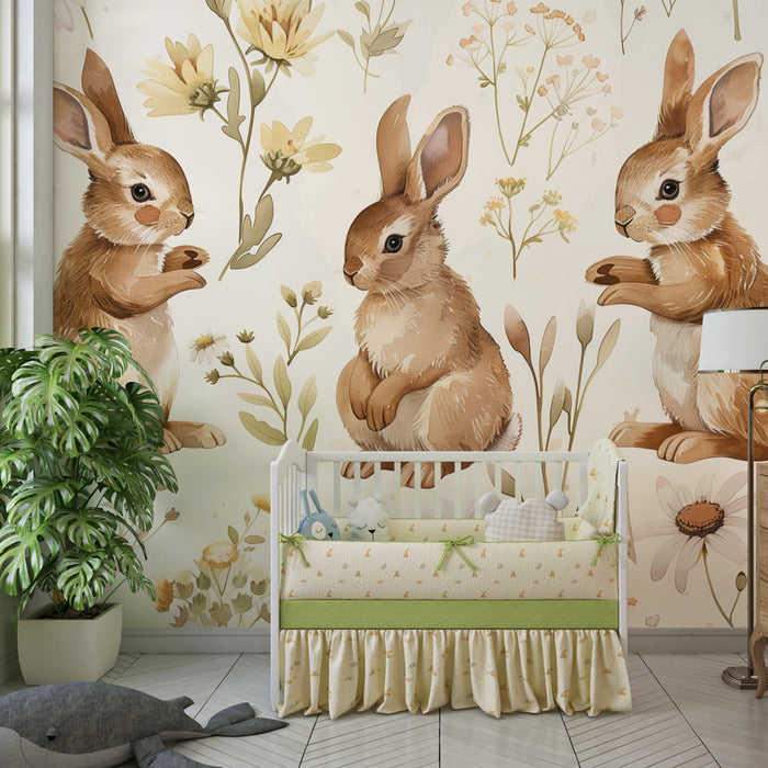 Papier peint chambre enfant | Lapins espiègles et fleurs champêtres