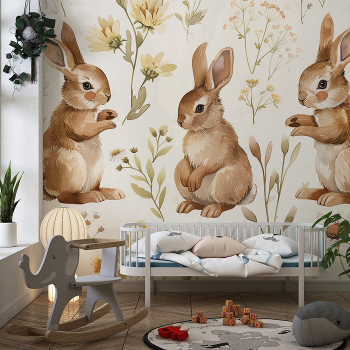 Papier peint chambre enfant | Lapins espiègles et fleurs champêtres