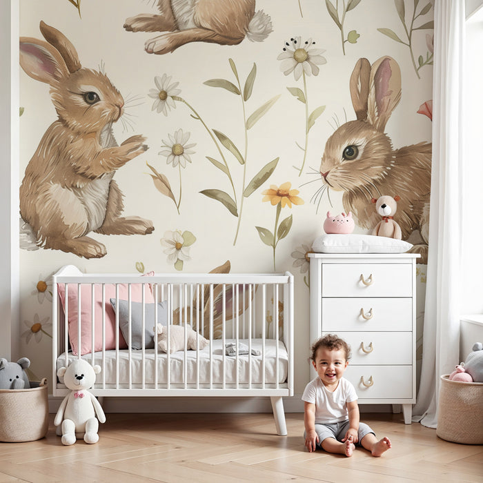 Papier peint chambre enfant | Lapins espiègles et prairie fleurie