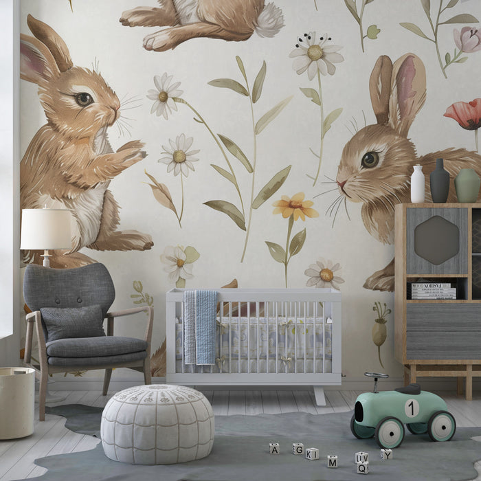 Papier peint chambre enfant | Lapins espiègles et prairie fleurie