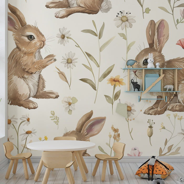 Papier peint chambre enfant | Lapins espiègles et prairie fleurie