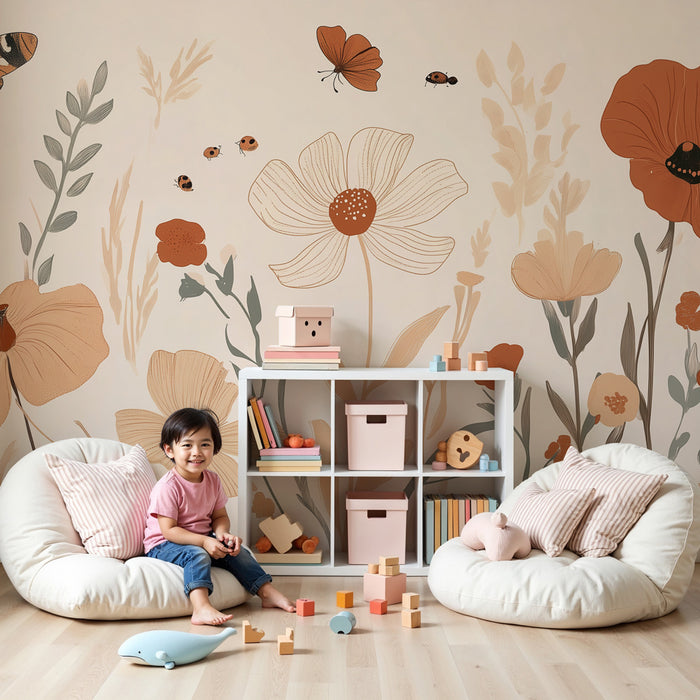 Papier peint chambre enfant | Jardin fleuri avec papillons et coquelicots en tons terre cuite