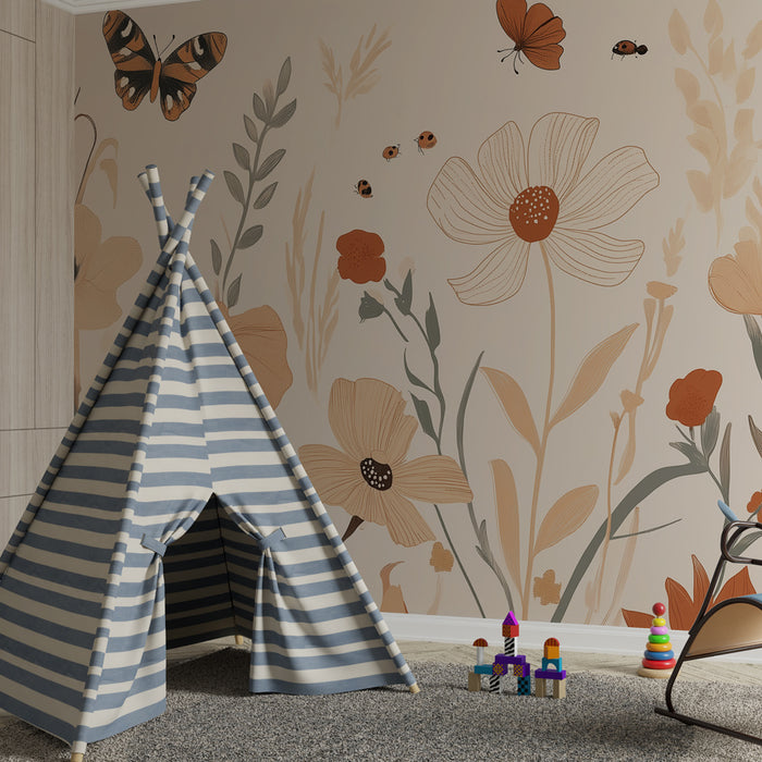 Papier peint chambre enfant | Jardin fleuri avec papillons et coquelicots en tons terre cuite