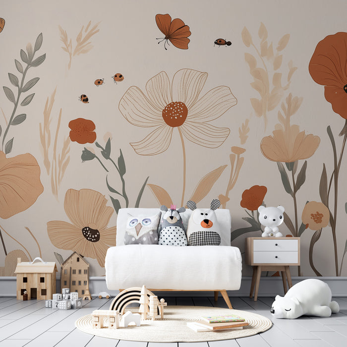 Papier peint chambre enfant | Jardin fleuri avec papillons et coquelicots en tons terre cuite