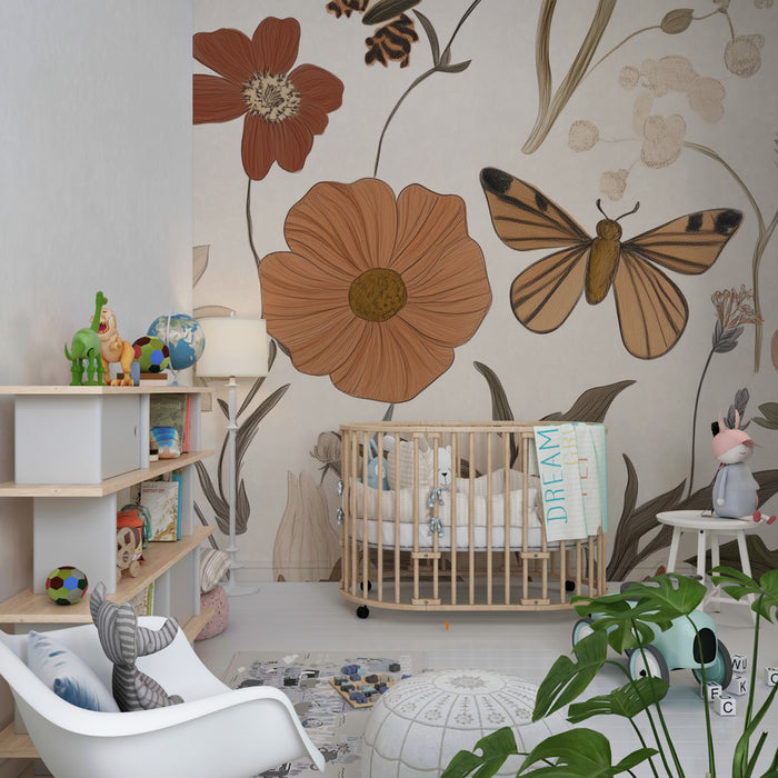 Papier peint chambre enfant | Jardin enchanté aux papillons et fleurs vintage