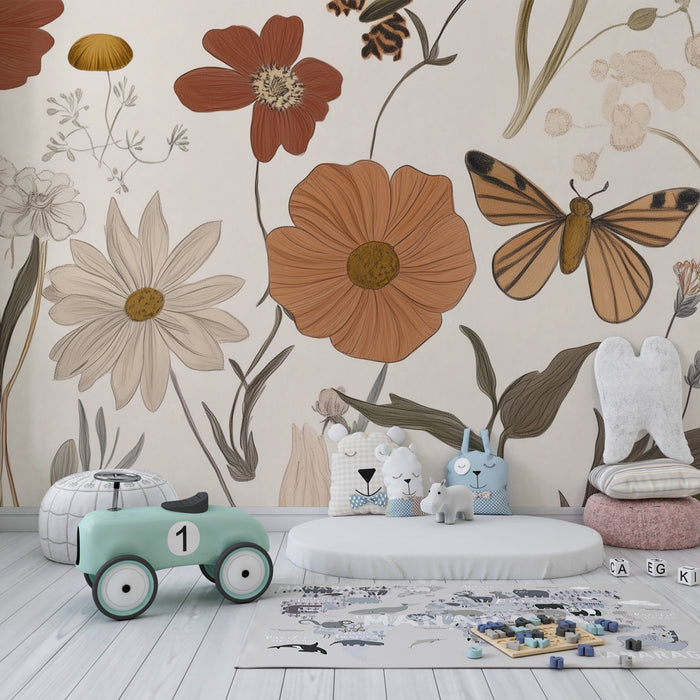 Papier peint chambre enfant | Jardin enchanté aux papillons et fleurs vintage