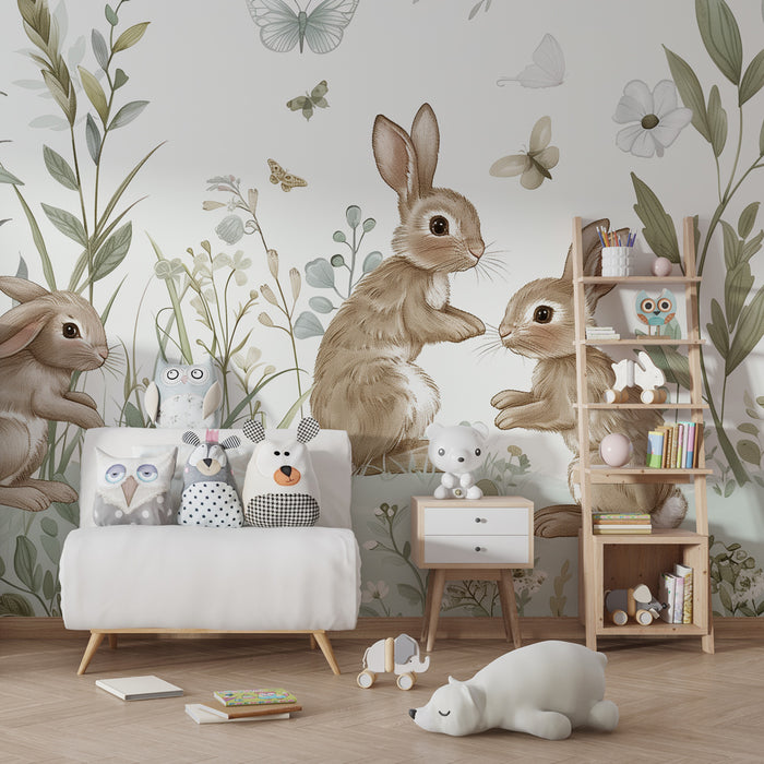 Papier peint chambre bébé | Lapins espiègles et prairie enchantée