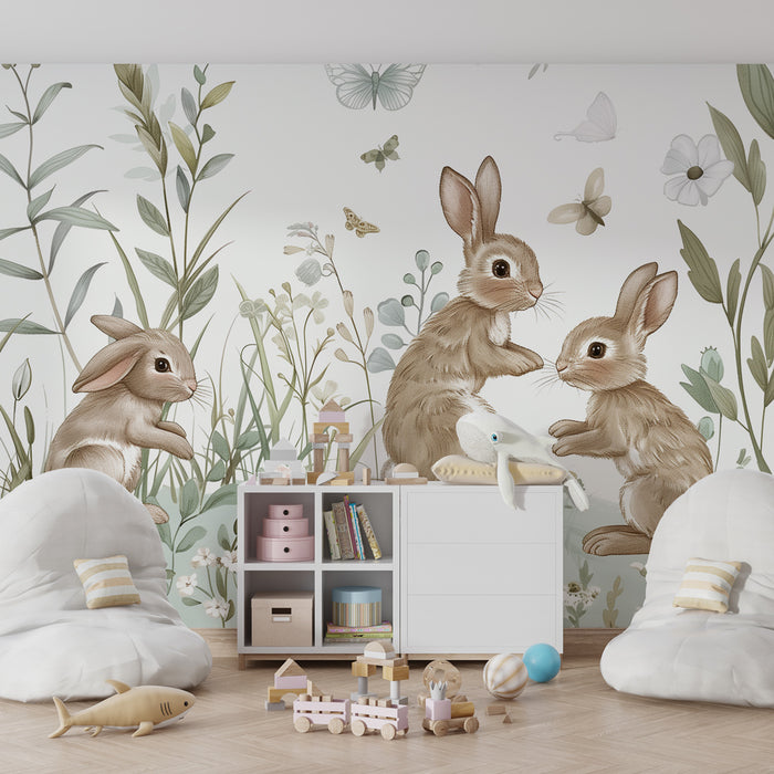 Papier peint chambre bébé | Lapins espiègles et prairie enchantée