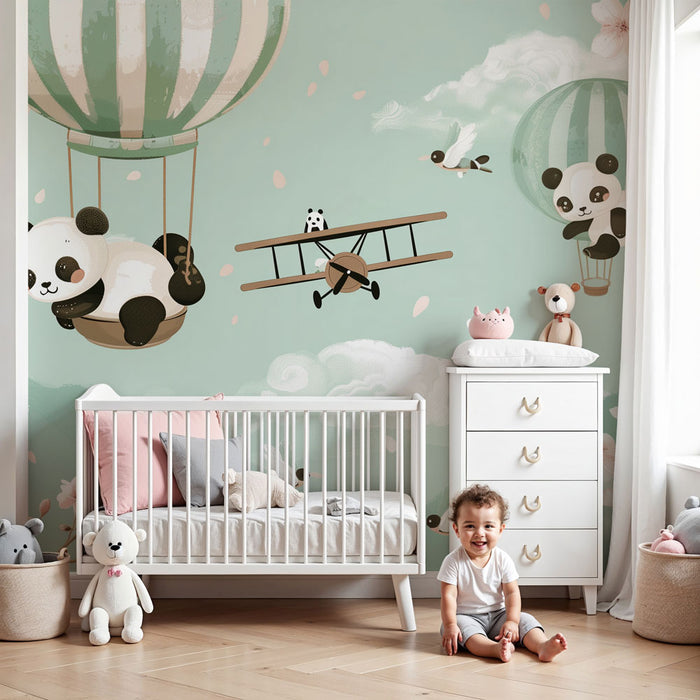 Papier peint chambre enfant | Pandas rêveurs et montgolfières fleuries