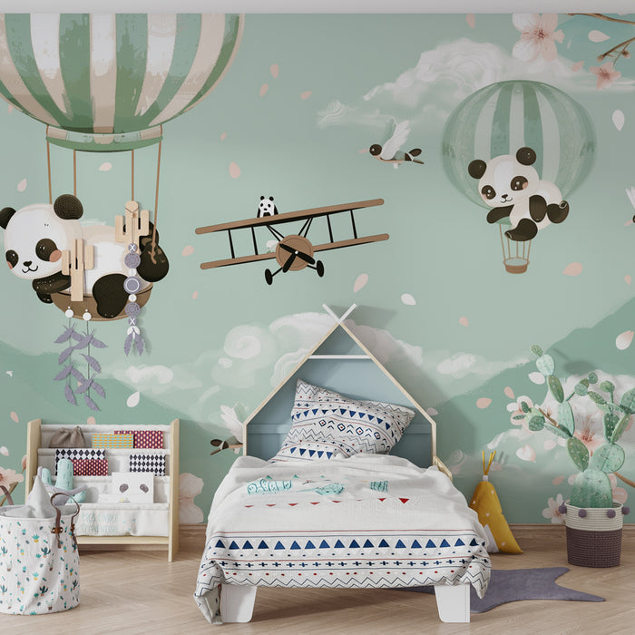 Papier peint chambre enfant | Pandas rêveurs et montgolfières fleuries