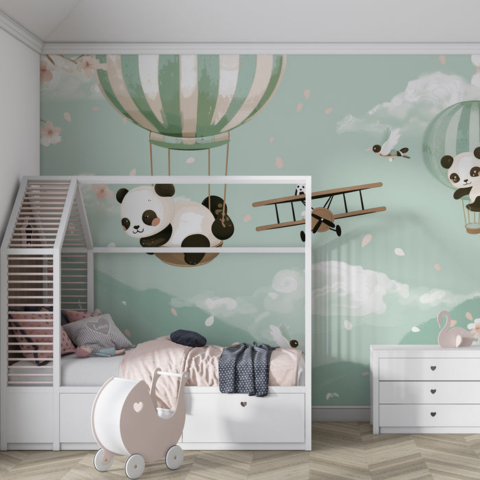 Papier peint chambre enfant | Pandas rêveurs et montgolfières fleuries