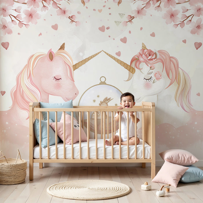 Papier peint chambre bébé | Licornes rêveuses et fleurs de cerisier en aquarelle