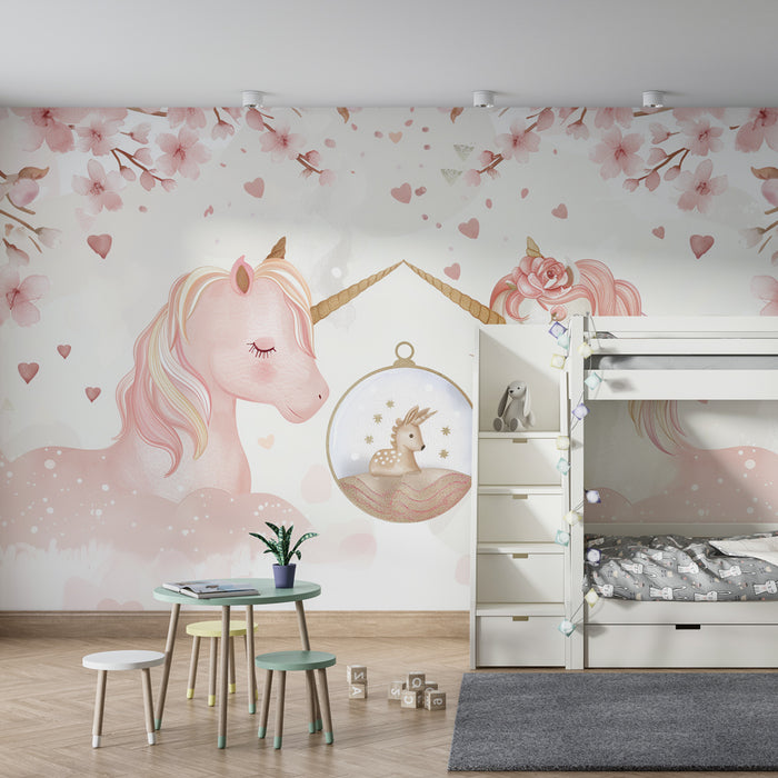 Papier peint chambre bébé | Licornes rêveuses et fleurs de cerisier en aquarelle