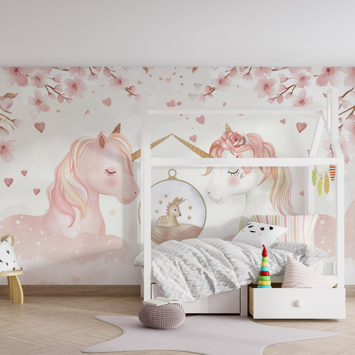 Papier peint chambre bébé | Licornes rêveuses et fleurs de cerisier en aquarelle