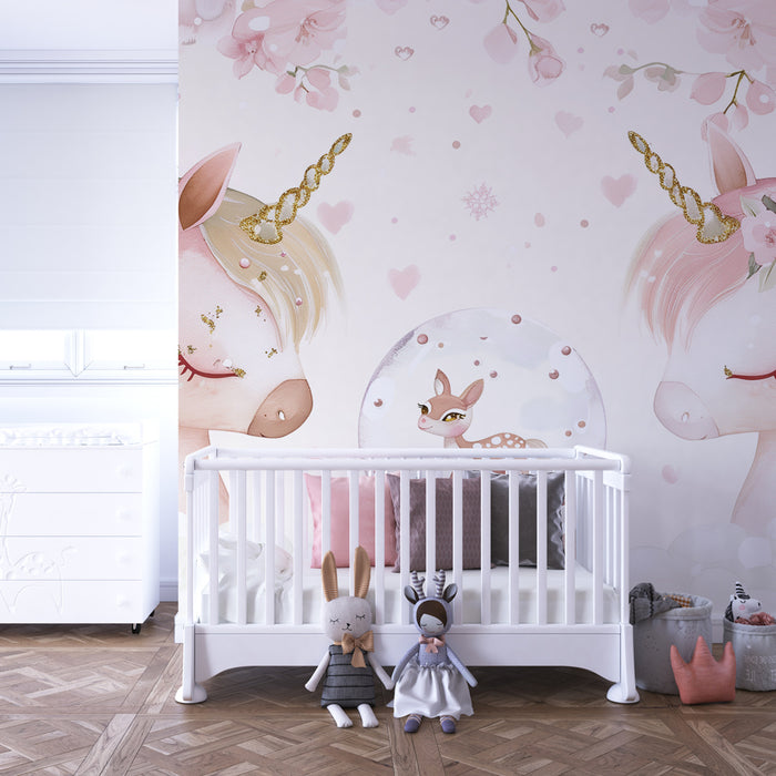 Papier peint chambre enfant | Licornes rêveuses et douceur florale