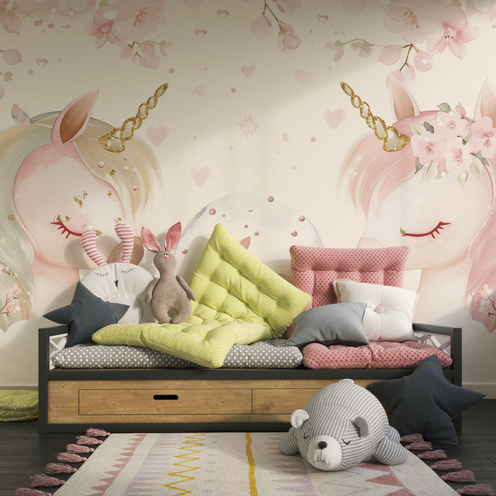 Papier peint chambre enfant | Licornes rêveuses et douceur florale