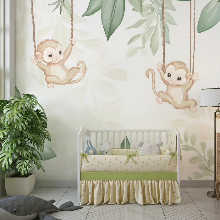 Papier peint chambre bébé | Singes espiègles et feuillage tropical doux