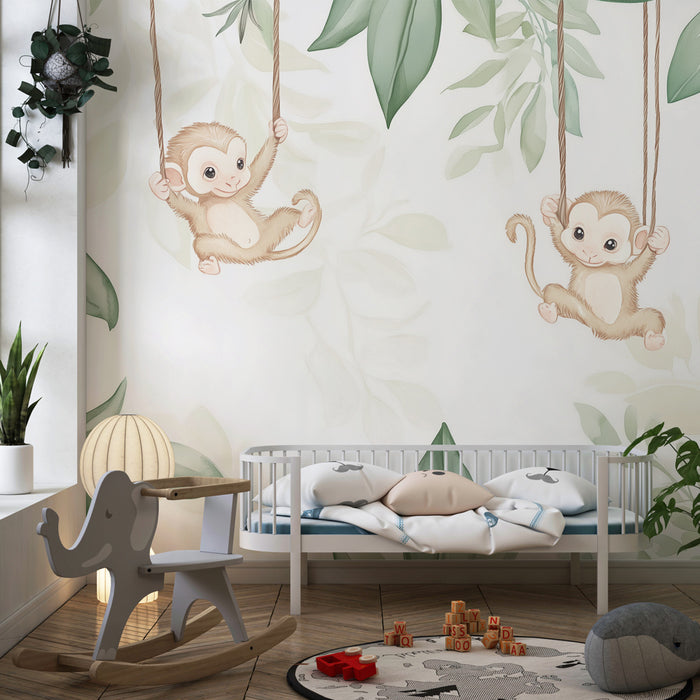 Papier peint chambre bébé | Singes espiègles et feuillage tropical doux