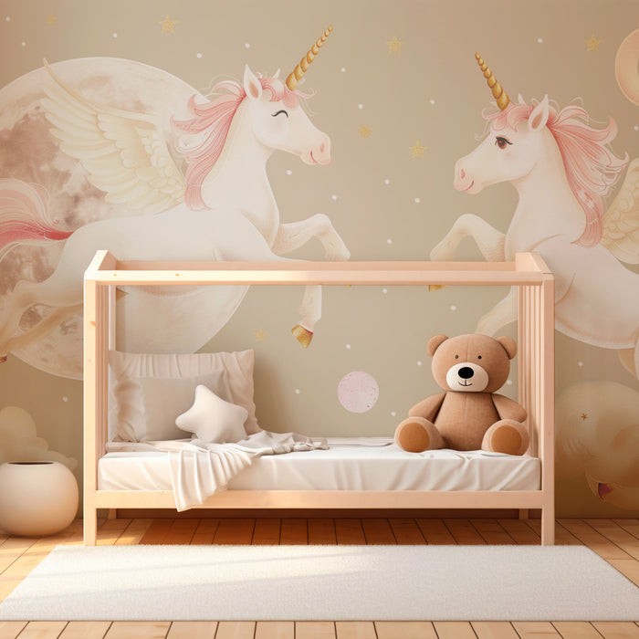 Papier peint chambre enfant | Licornes enchantées et ciel étoilé