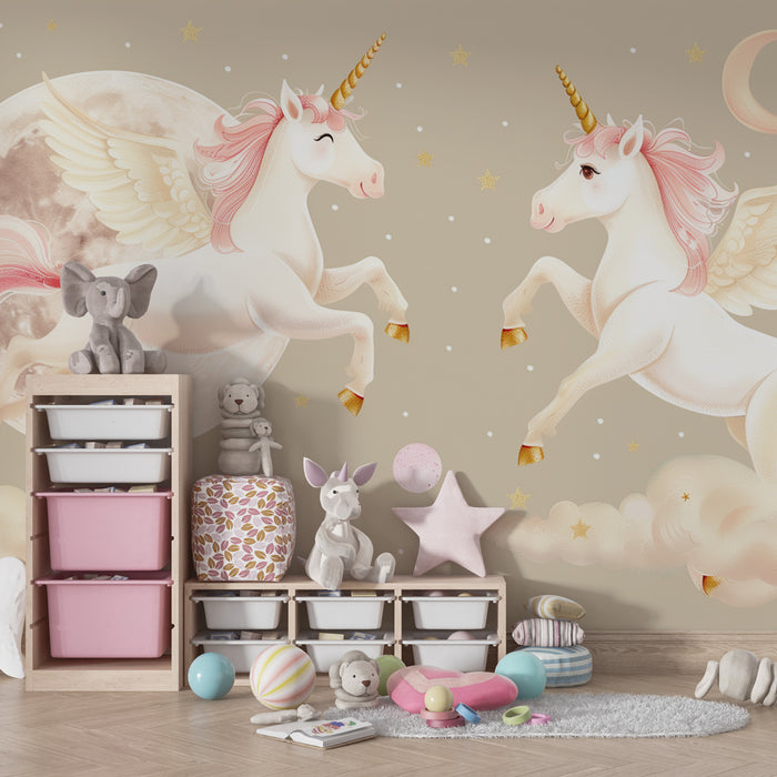 Papier peint chambre enfant | Licornes enchantées et ciel étoilé
