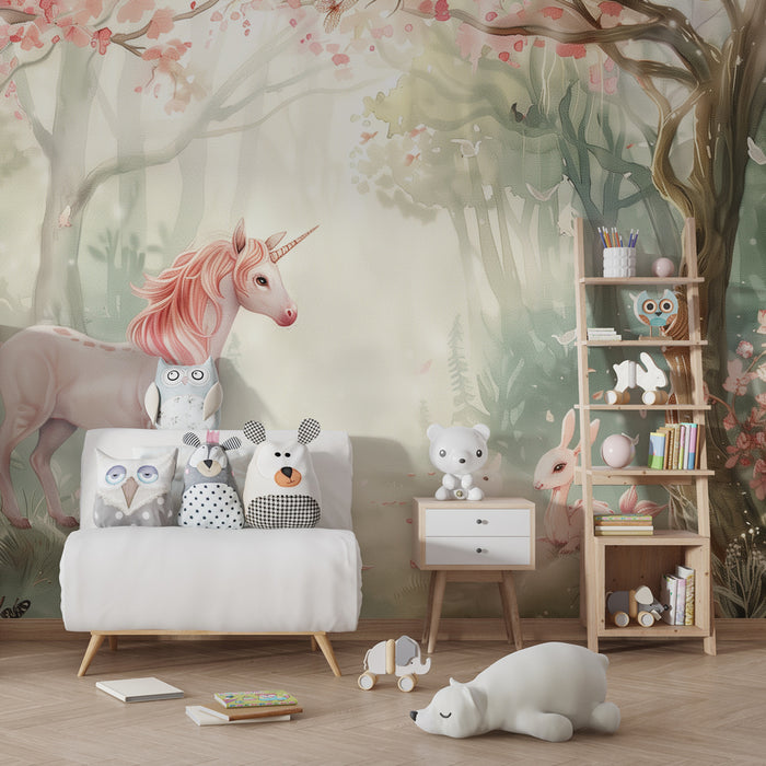 Papier peint chambre enfant | Forêt enchantée avec licorne et lapins rêveurs