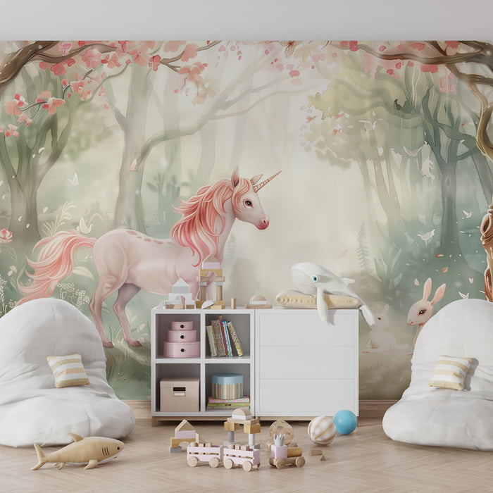 Papier peint chambre enfant | Forêt enchantée avec licorne et lapins rêveurs