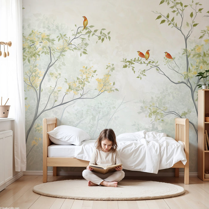 Papier peint chambre bébé | Forêt enchantée avec oiseaux chanteurs et feuillage délicat