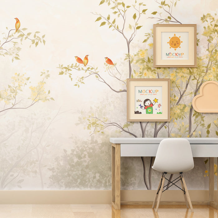 Papier peint chambre bébé | Forêt enchantée avec oiseaux chanteurs et feuillage délicat